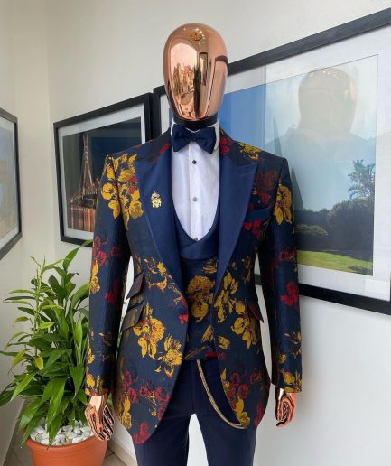 The “Mandarin” Gold, Navy blue and red splashed jacquard peak lapel suit