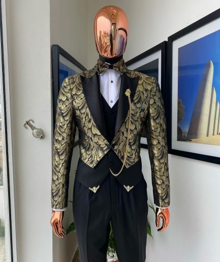 The “Ragnar” Gold and Black Splashed Jacquard Peak Lapel Jointed Tail Suit