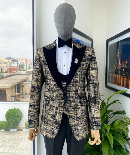A “Mandarin” Dispersed Black and Gold Peak Lapel Suit