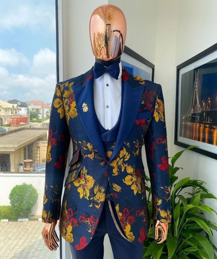 The “Mandarin” Gold, Navy blue and red splashed jacquard peak lapel suit