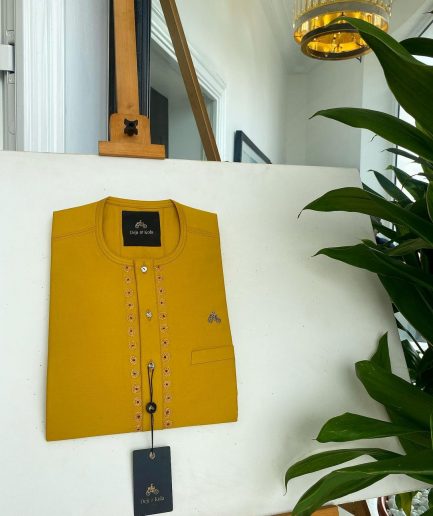 A Medallion yellow, Tiny Flap with a Swarovski button and embroidery details African traditional senator kaftan native & Sokoto