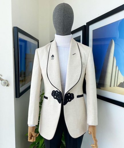 A Gold and ivory “Mandarin” invisible Pattern Ivory white shawl lapel jacquard Suit
