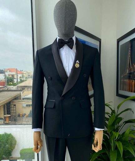A Charcoal Black Double Breasted Shawl Lapel Tuxedo Suit