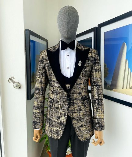 A “Mandarin” Dispersed Black and Gold Peak Lapel Suit