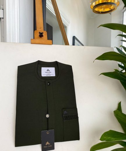An Olive Green, Tiny Flap with Swarovski button details African traditional senator kaftan native.