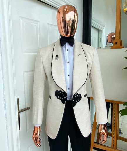 A Gold And ivory “Mandarin” invisible Pattern Ivory white shawl lapel jacquard Suit