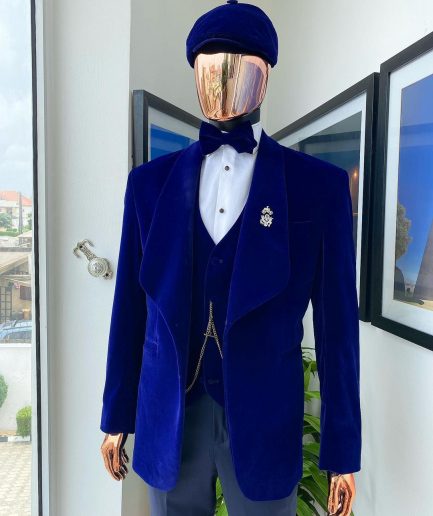 An admiral blue “peaky blinders” soaked Italian velvet shawl lapel suit
