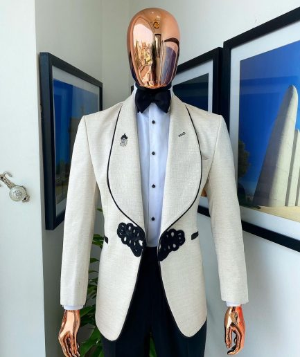 A Gold And ivory “Mandarin” invisible Pattern Ivory white shawl lapel jacquard Suit