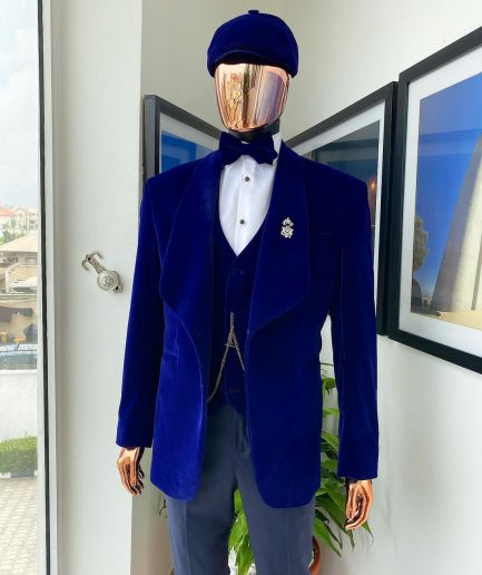 An admiral blue “peaky blinders” soaked Italian velvet shawl lapel suit