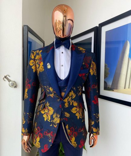 The “Mandarin” Gold, Navy blue and red splashed jacquard peak lapel suit