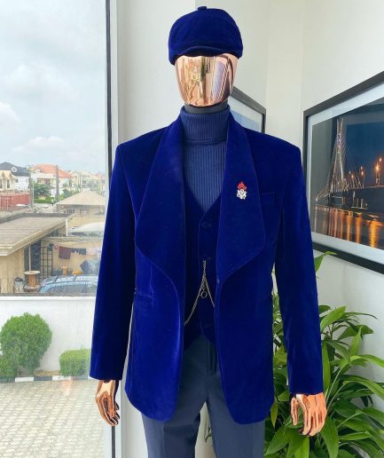 An admiral blue “peaky blinders” soaked Italian velvet shawl lapel suit