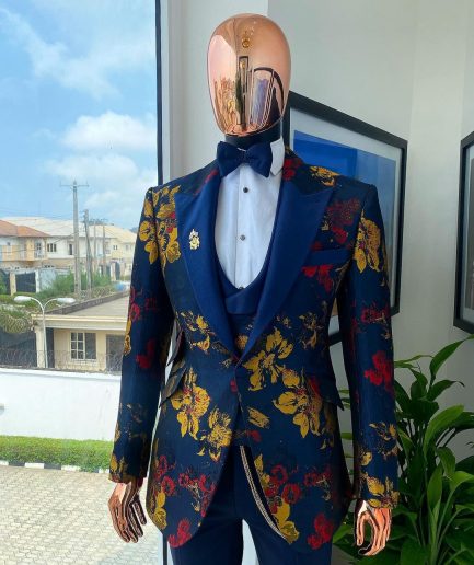 The “Mandarin” Gold, Navy blue and red splashed jacquard peak lapel suit