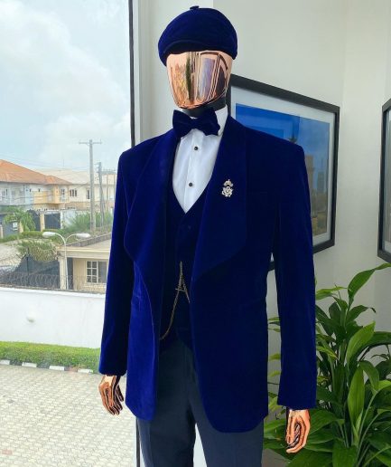 An admiral blue “peaky blinders” soaked Italian velvet shawl lapel suit