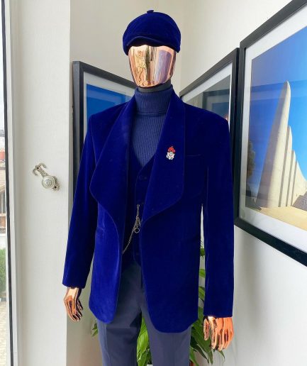 An admiral blue “peaky blinders” soaked Italian velvet shawl lapel suit