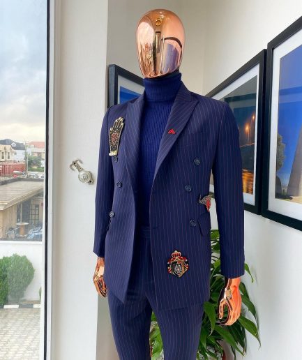 A Midnight Blue and Red Stripe Double Breasted Blazer Suit.