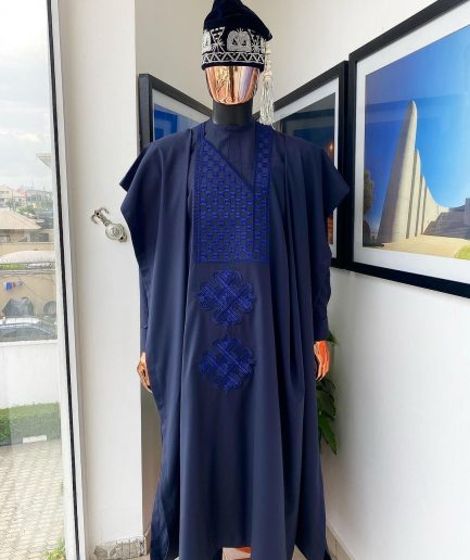 A Midnight Blue with a mixed interwoven square design Agbada