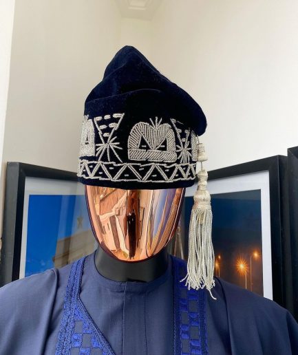 A Midnight Blue with a mixed interwoven square design Agbada