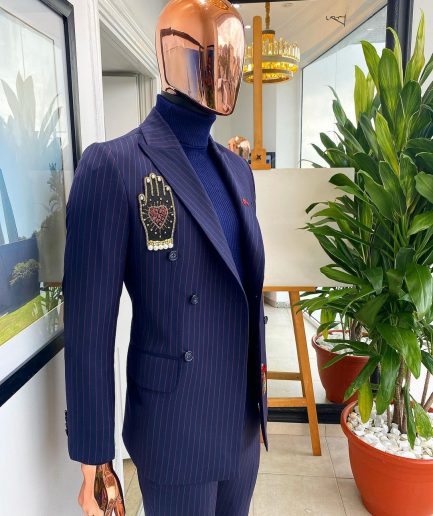 A Midnight Blue and Red Stripe Double Breasted Blazer Suit.