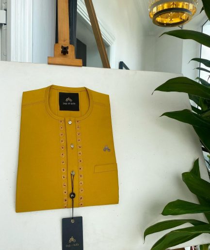 A Medallion yellow, Tiny Flap with a Swarovski button and embroidery details African traditional senator kaftan native & Sokoto