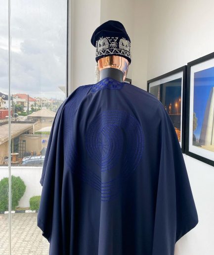 A Midnight Blue with a mixed interwoven square design Agbada