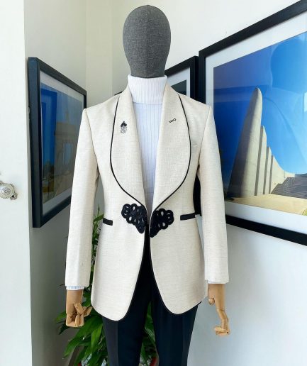 A Gold and ivory “Mandarin” invisible Pattern Ivory white shawl lapel jacquard Suit