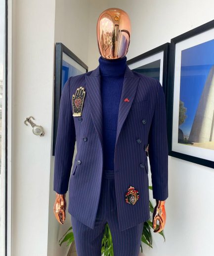 A Midnight Blue and Red Stripe Double Breasted Blazer Suit.