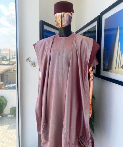 A classic light burgundy “kagbada”, Senator kaftan, burgundy round hat And sokoto