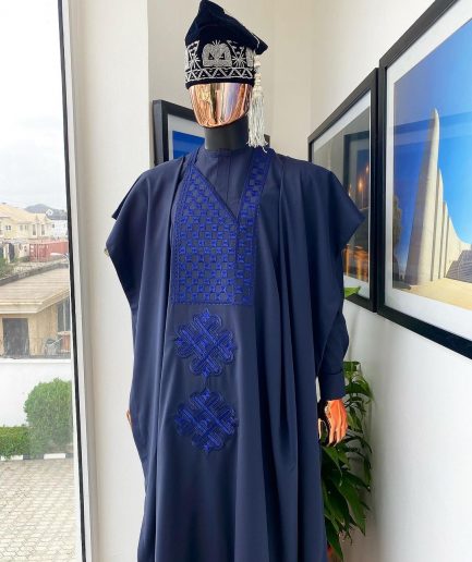 A Midnight Blue with a mixed interwoven square design Agbada