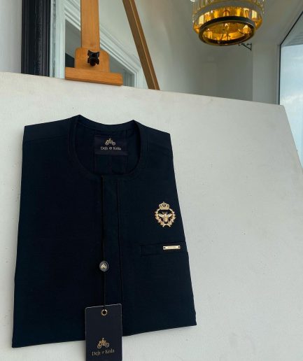A charcoal black, Tiny Flap with Gold Queen bee crown details African traditional senator kaftan native.
