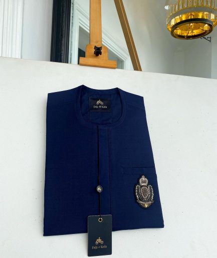 A Navy blue front flap with an Indian hand embroidery patch details African traditional senator kaftan native