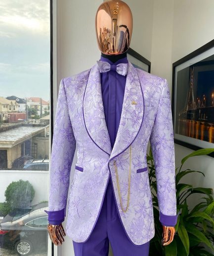 A “Mandarin” orchid purple and ivory floral pattern shawl lapel jacquard suit