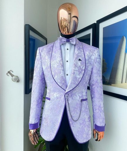 A reloaded “Mandarin” orchid purple and ivory floral pattern shawl lapel jacquard suit