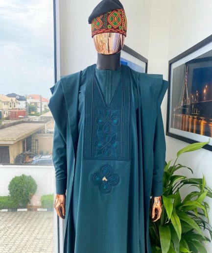 A Sacramento Green With Connected Embroidery Agbada
