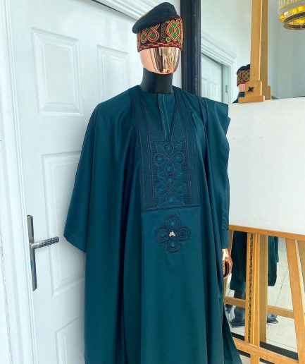 A Sacramento Green With Connected Embroidery Agbada