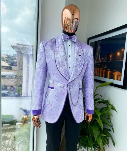 A reloaded “Mandarin” orchid purple and ivory floral pattern shawl lapel jacquard suit