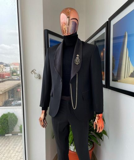 A Charcoal Black shawl lapel Suit, hand embroidery Indian badge detailing