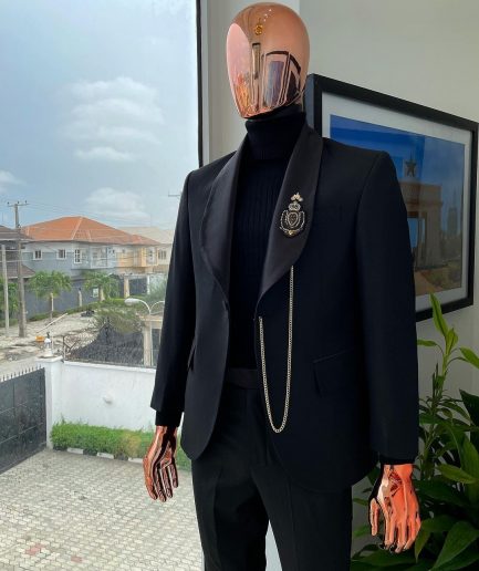 A Charcoal Black shawl lapel Suit, hand embroidery Indian badge detailing