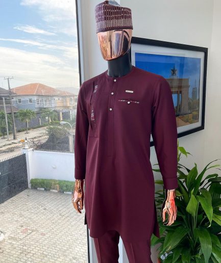 A Rosewood red, layered left section details with matching paisley, flap with Swarovski button, and combat pocket African traditional senator kaftan native