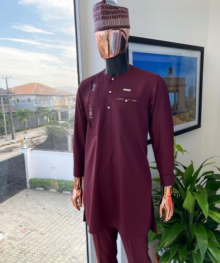 A Rosewood red, layered left section details with matching paisley, flap with Swarovski button, and combat pocket African traditional senator kaftan native
