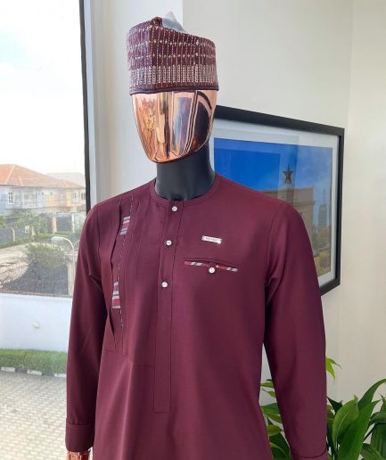 A Rosewood red, layered left section details with matching paisley, flap with Swarovski button, and combat pocket African traditional senator kaftan native
