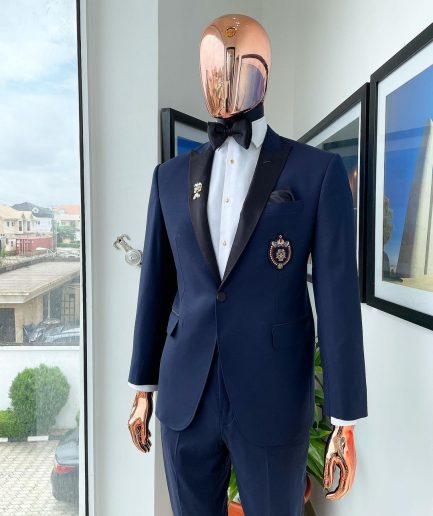 A Classic Navy Blue, Peak Lapel Tuxedo Suit