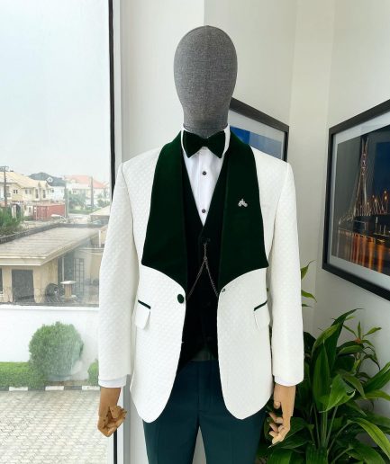 An Ivory white Square pattern jacquard shawl wide cut lapel jacquard Suit.