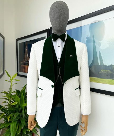 An Ivory white Square pattern jacquard shawl wide cut lapel jacquard Suit.