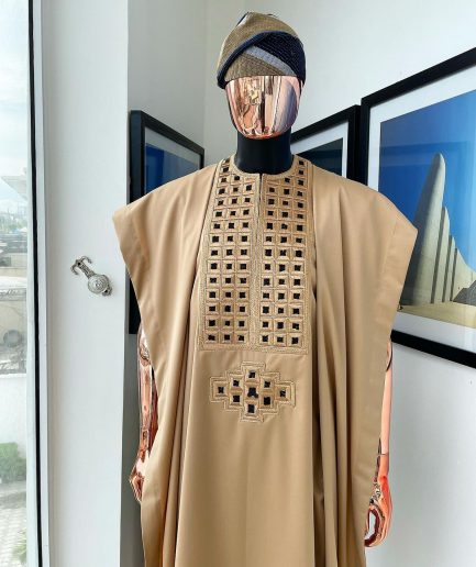 A Tan Brown, Connected Square Embroidery Design with Black Detailing Agbada