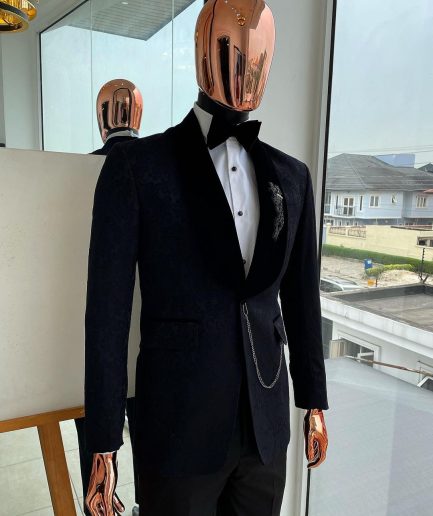 A Metallic coarse and floral pattern midnight blue jacquard tuxedo Suit.