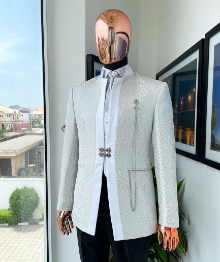 A White and Silver Metallic circle pattern jacquard Suit