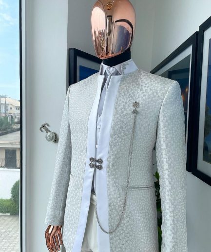 A White and Silver Metallic circle pattern jacquard Suit