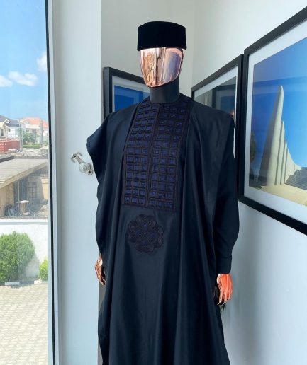 A Charcoal Black, Connected Square Embroidery Design with Blue Detailing Agbada