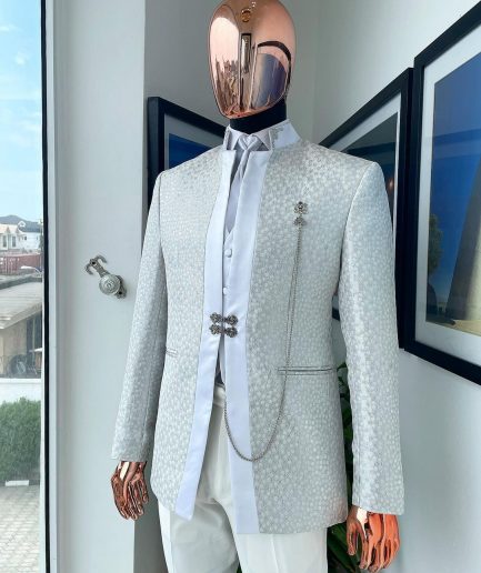 A White and Silver Metallic circle pattern jacquard Suit