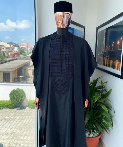 A Charcoal Black, Connected Square Embroidery Design with Blue Detailing Agbada
